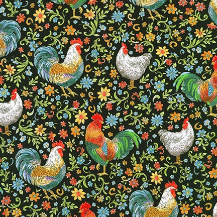 pretty floral and colorful chickens and roosters on black background a