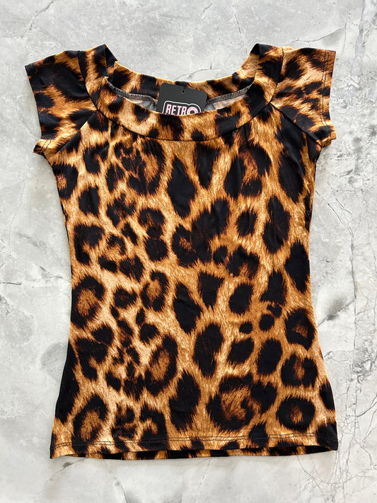 a flat lay of the boat neck top in leopard