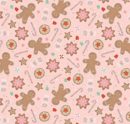 close up of fabric showing the gingerbread man cookies, milk and candy canes on the pink background