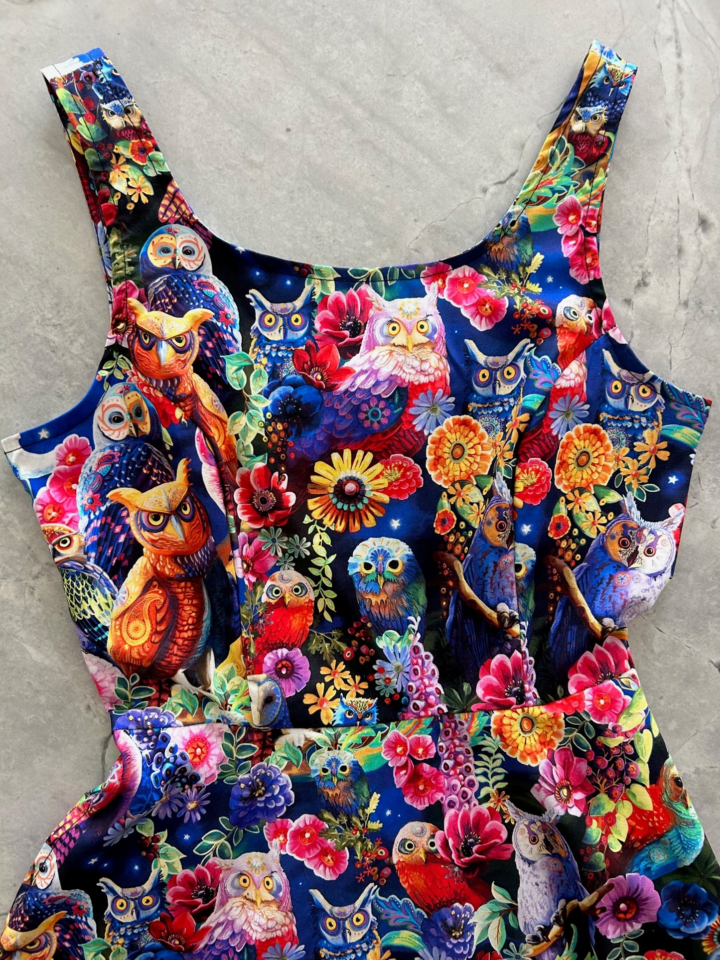 a close up of the bodice of our Owls Skater Dress