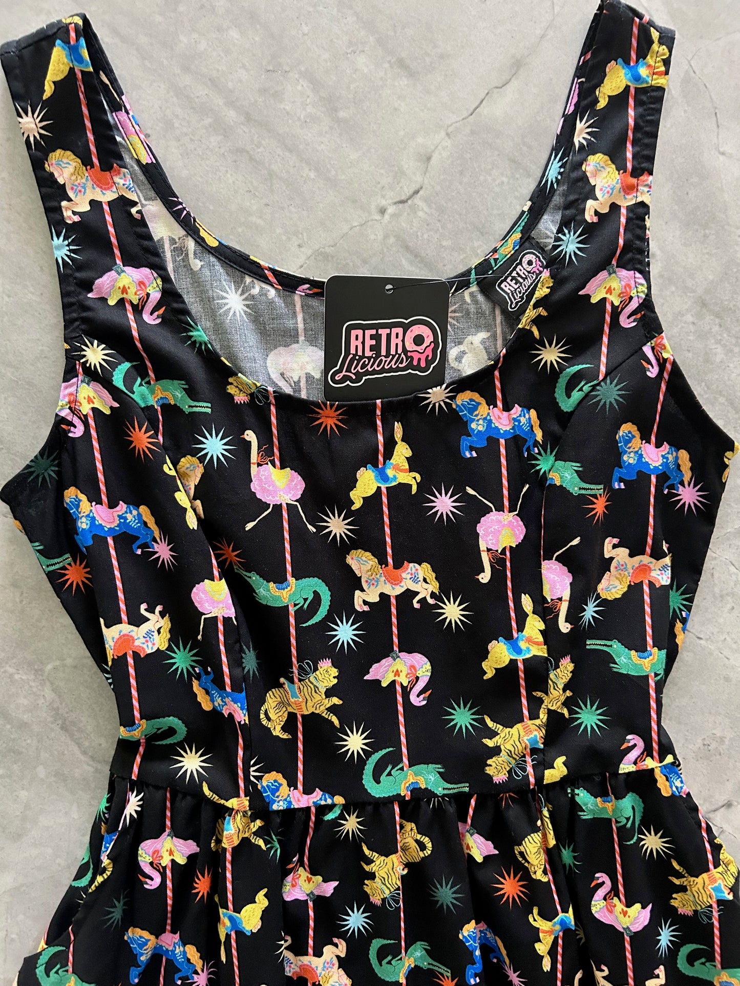 close up of bodice on carousel dress showing scoop neckline