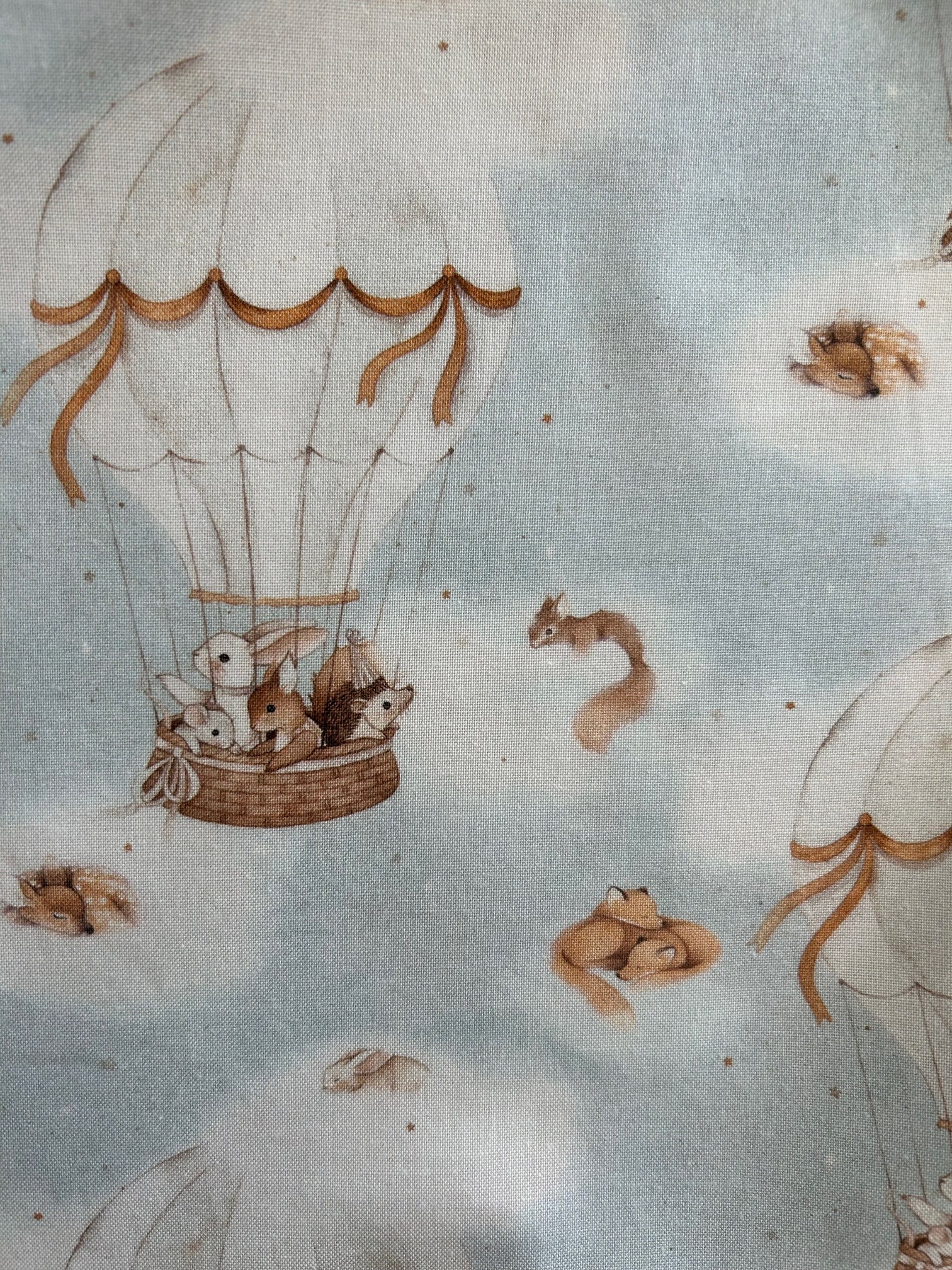 close up of fabric showing animals in hot air balloons and clouds