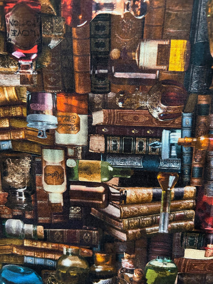close up of the print showing the stacked books and potion bottles