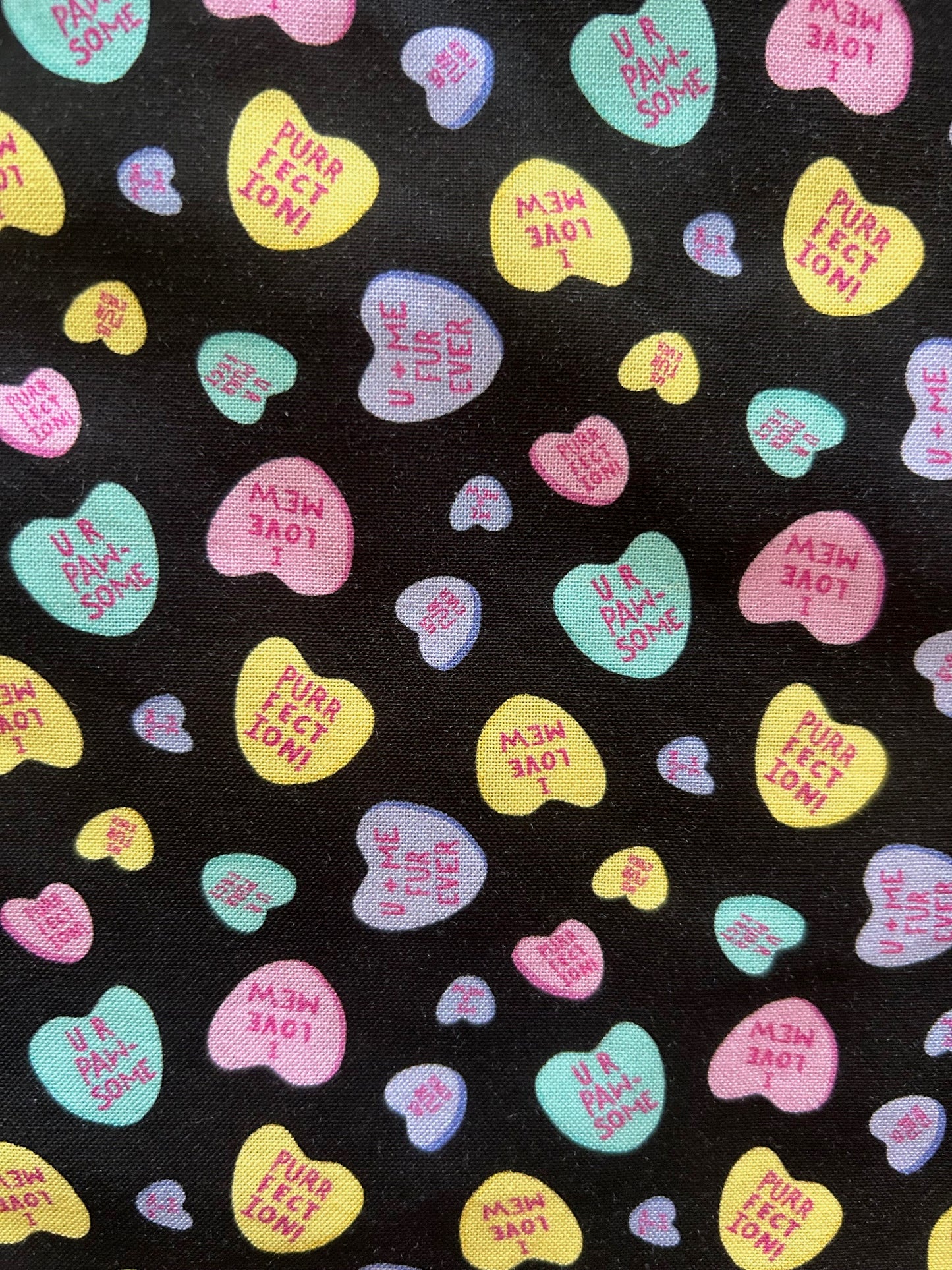 close up of conversation hearts print