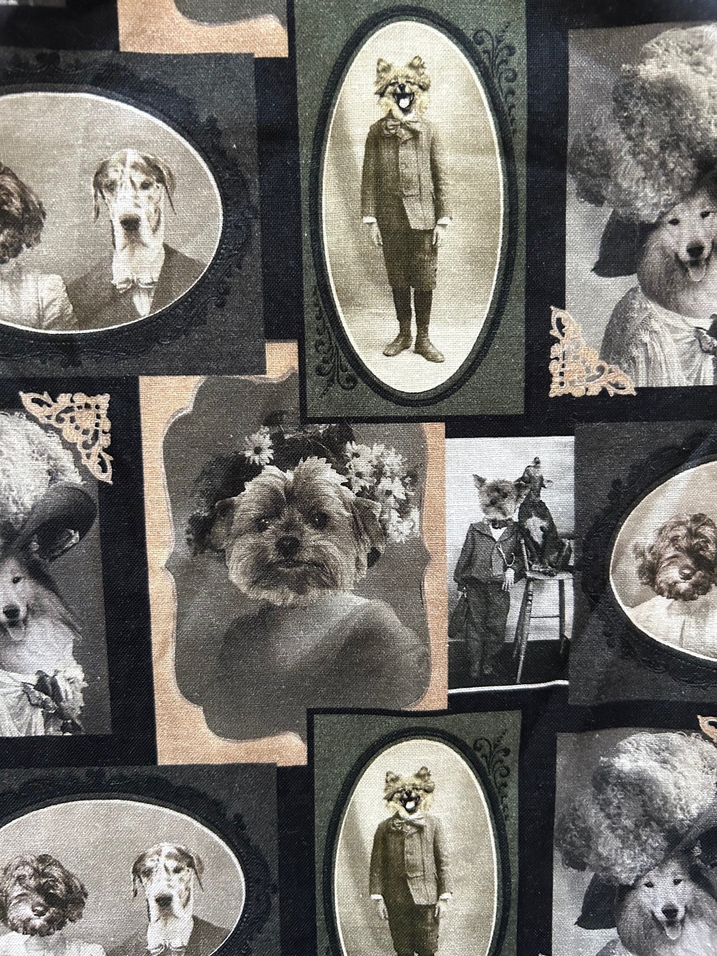 close up of fabric showing photographs of dapper dogs