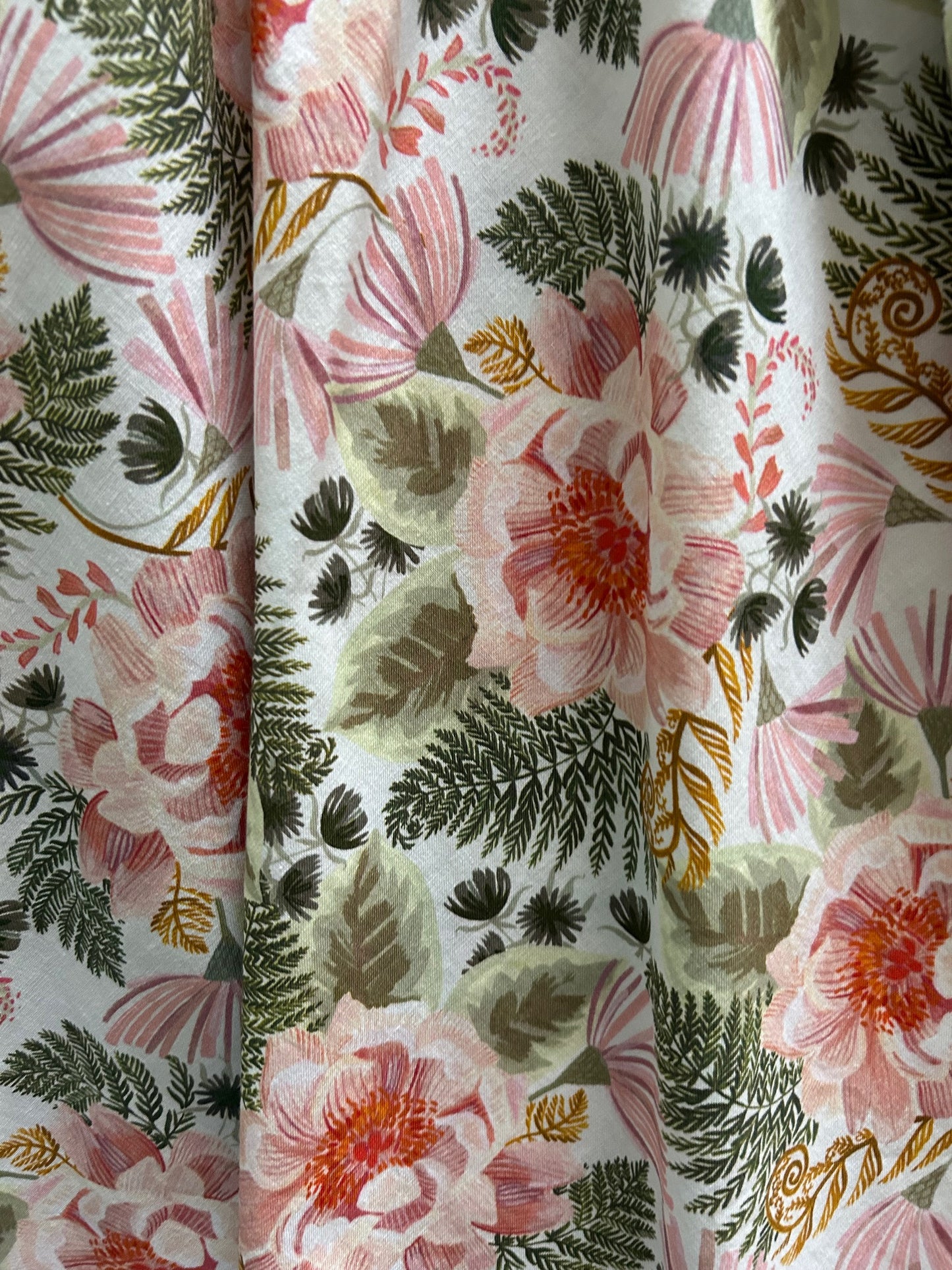 close up of floral print on white background
