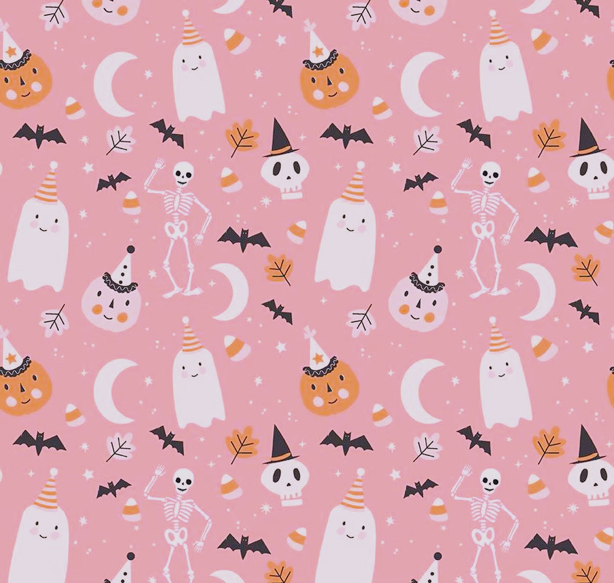 close up of print showing ghosts and skeletons on pink background