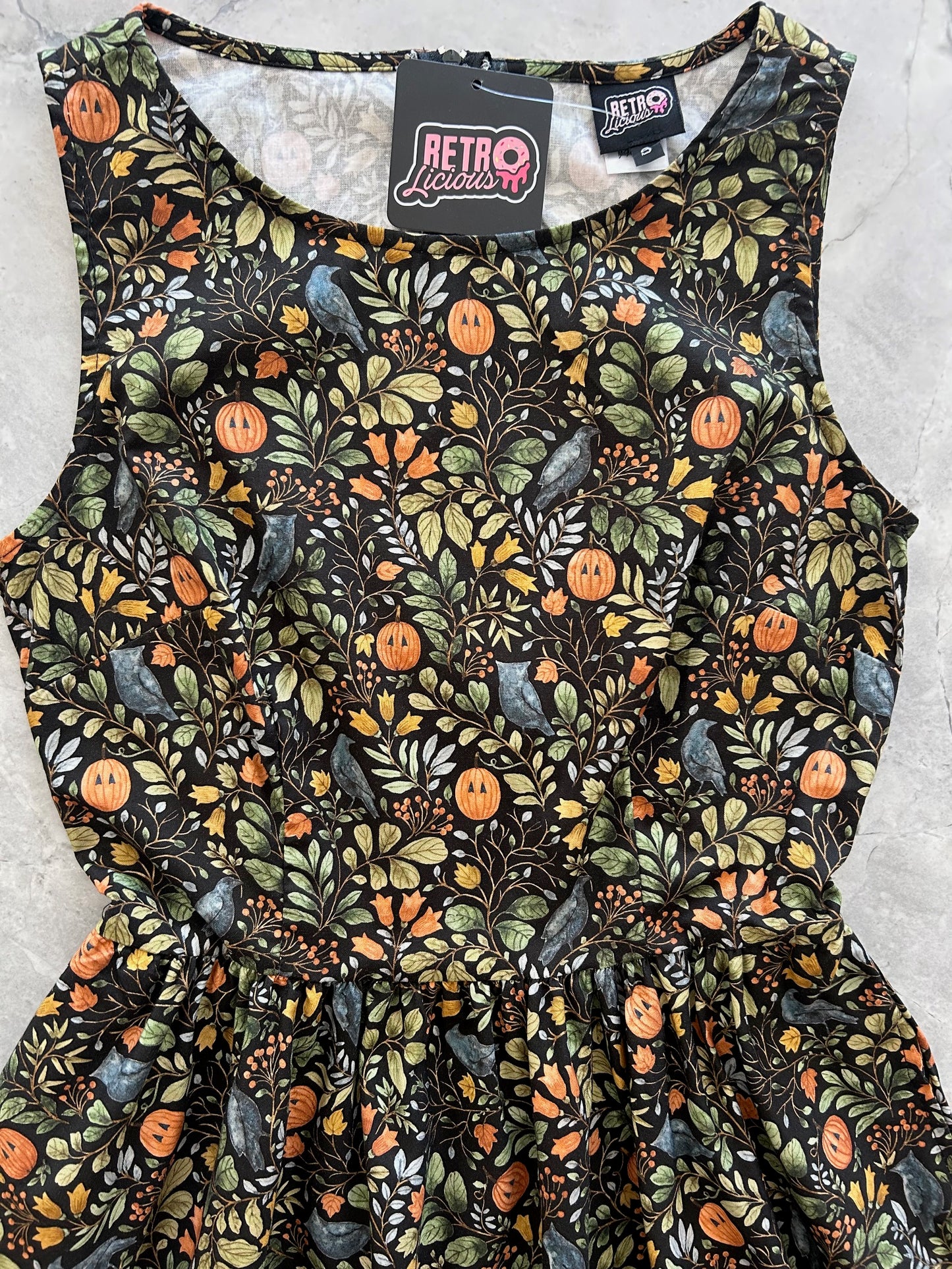 close up of bodice of Pumpkin Foliage Midi Dress