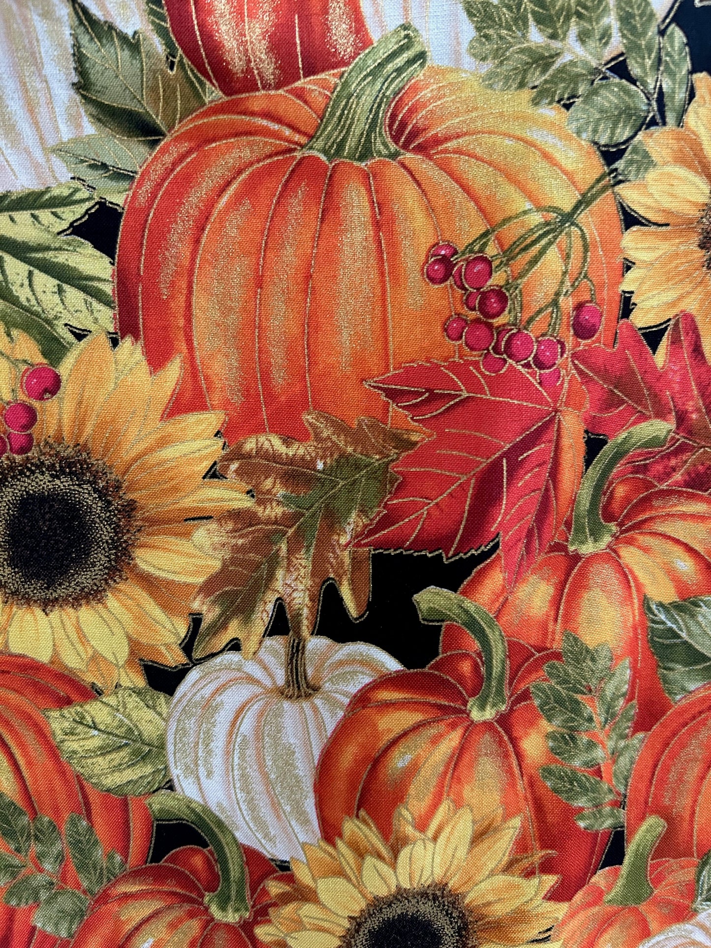 fabric close up of sunflower and pumpkin skater skirt