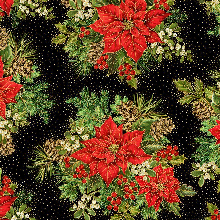 red poinsettias on black background