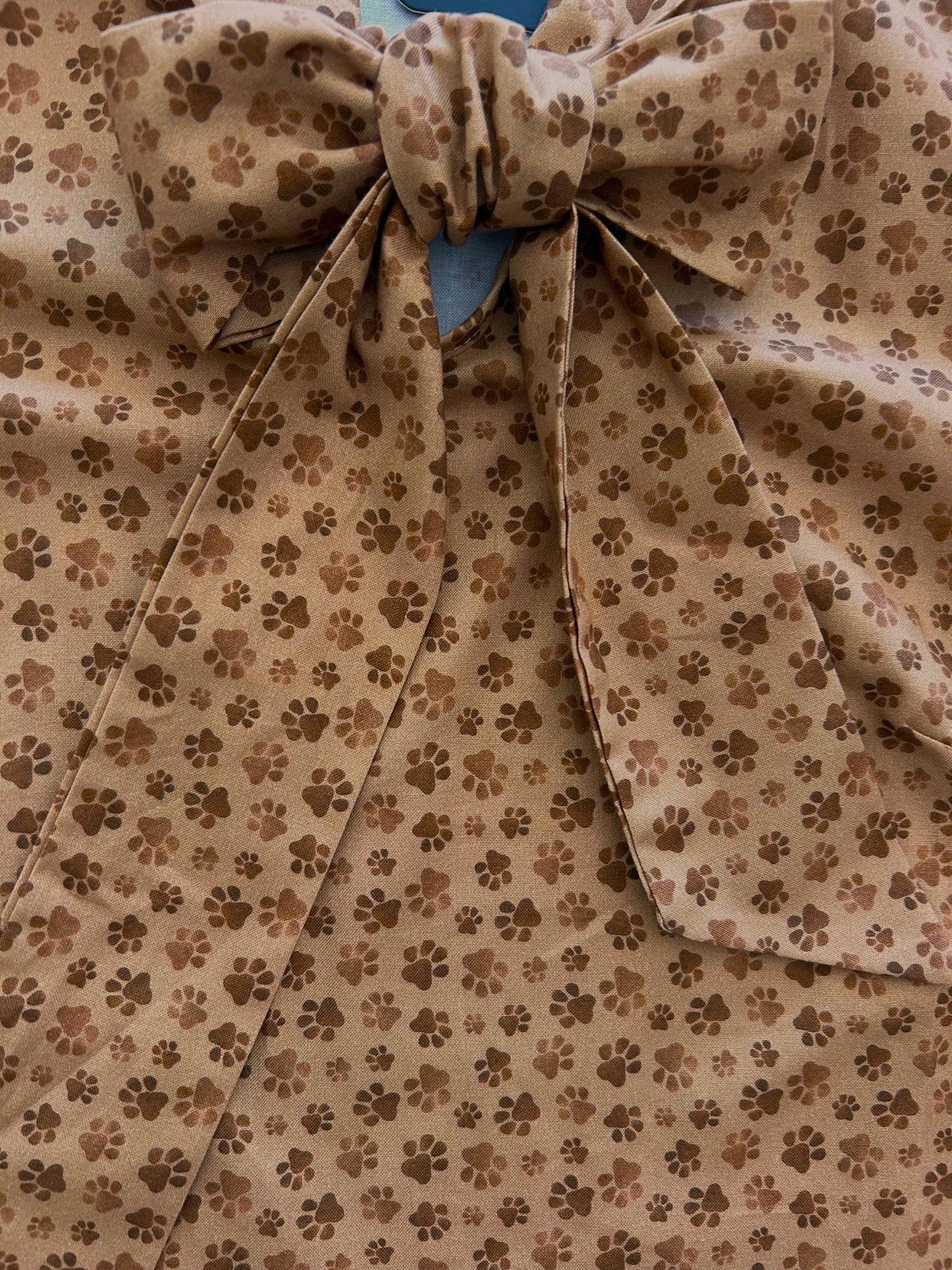 close up flatlay of paw print bowt top
