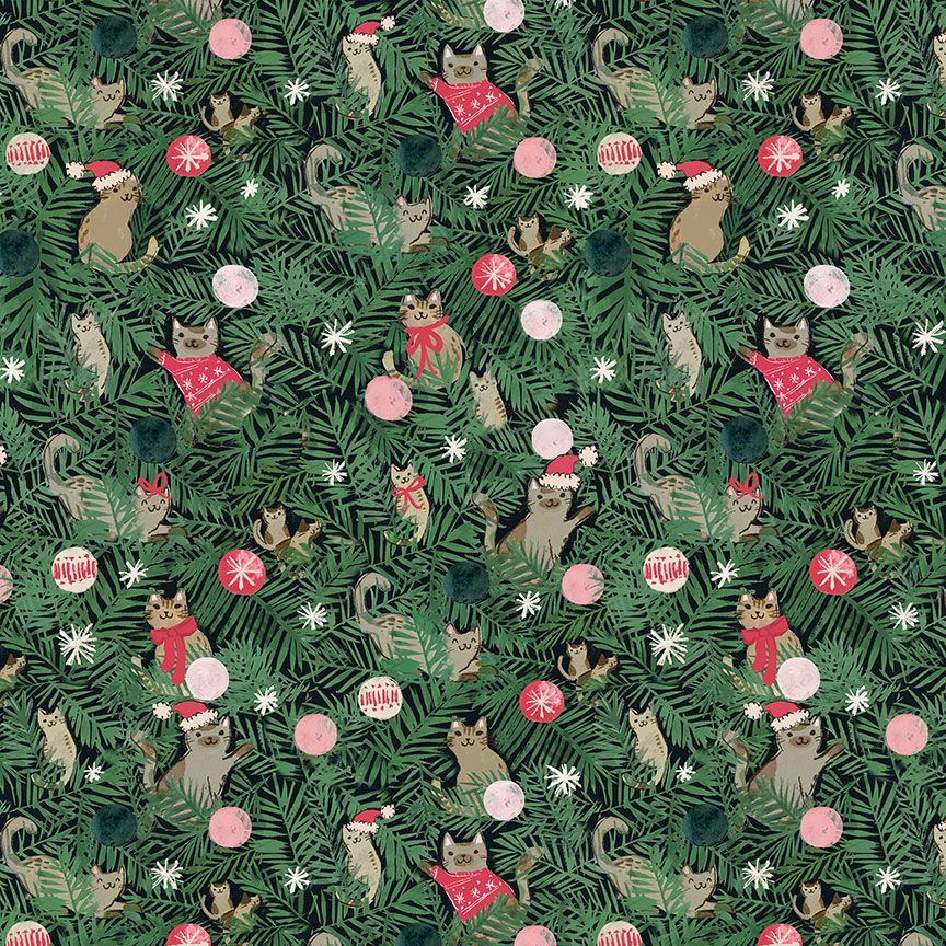 fabric swatch showing cats hidden in tree branches with ornaments