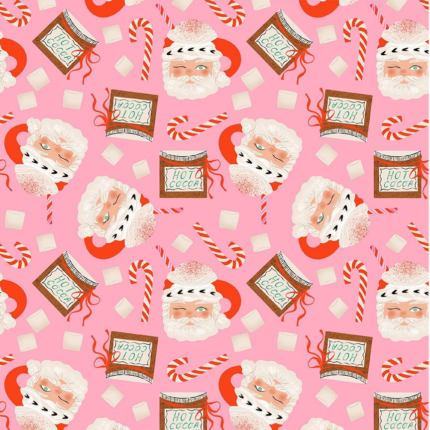pink background with tossed santa heads and hot cocoa
