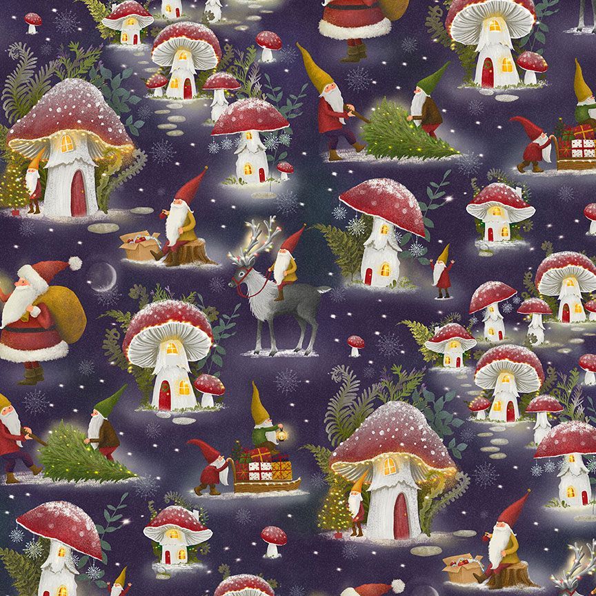 gnomes and mushrooms on blue background