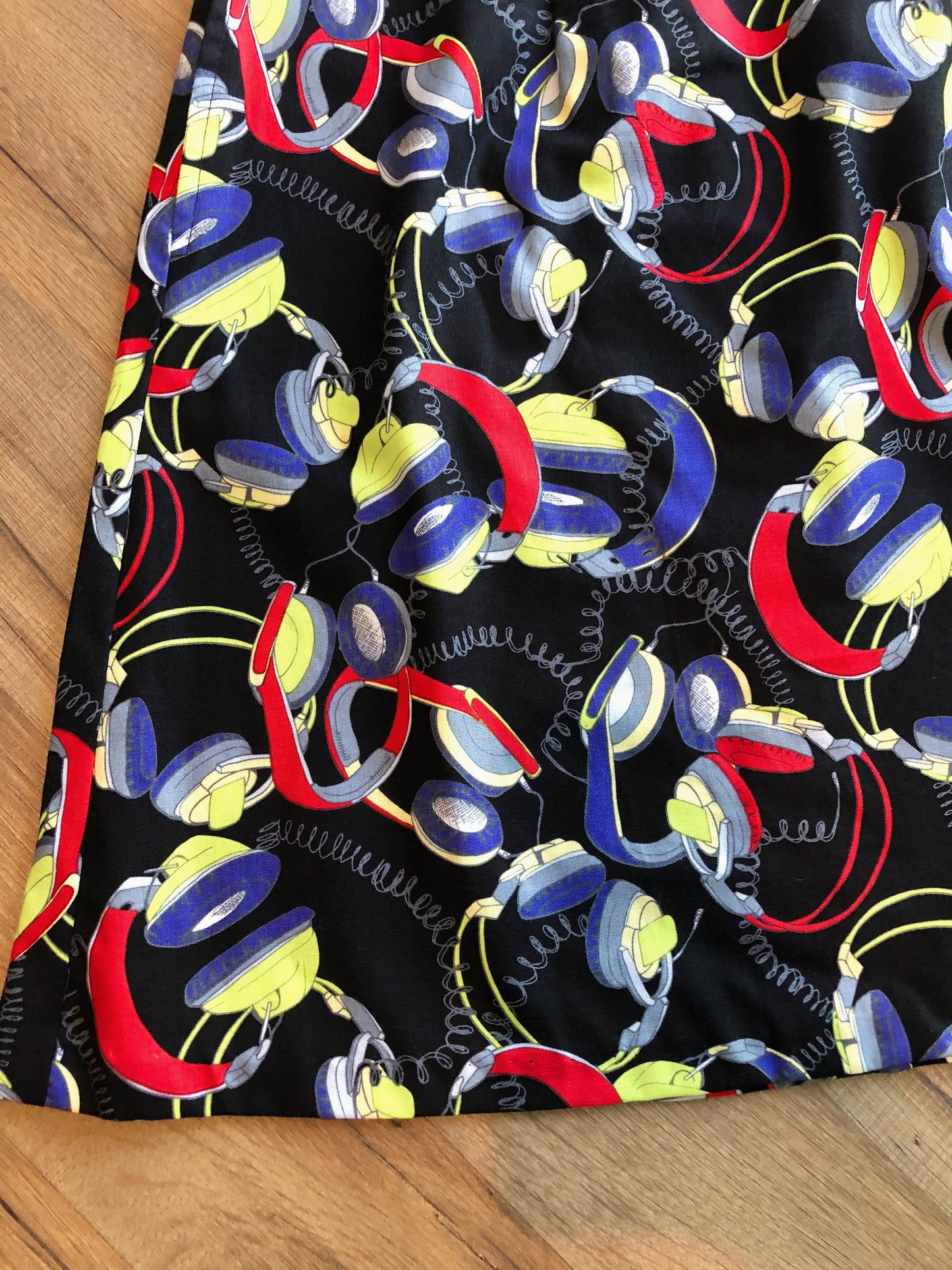 close up of headphones print on skirt