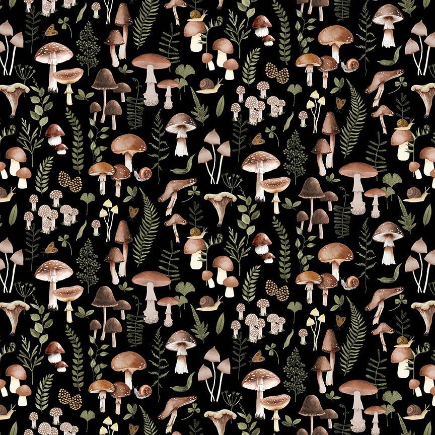 mushrooms and flowers all over tossed print on black background