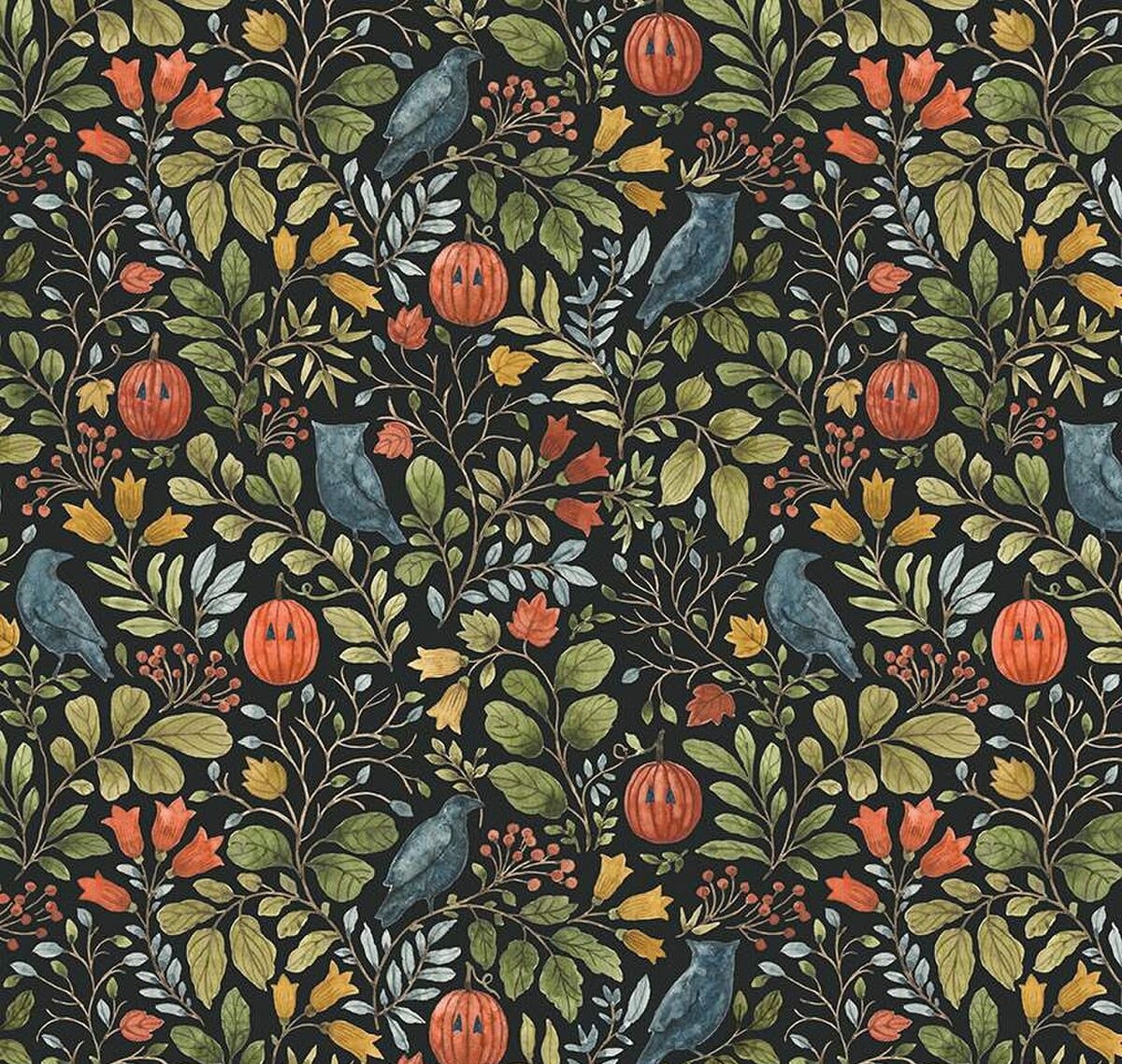 pumpkins, owls and branches on black background