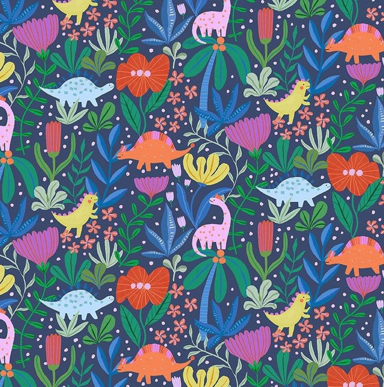 colorful plants and dinosaurs on blue background