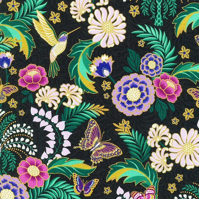 hummingbirds and butterflies in florals on dark background