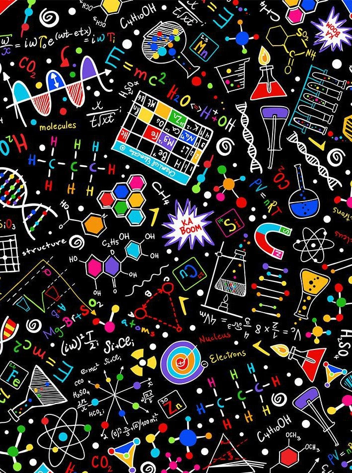 coloful formulas and other science related items on a black background