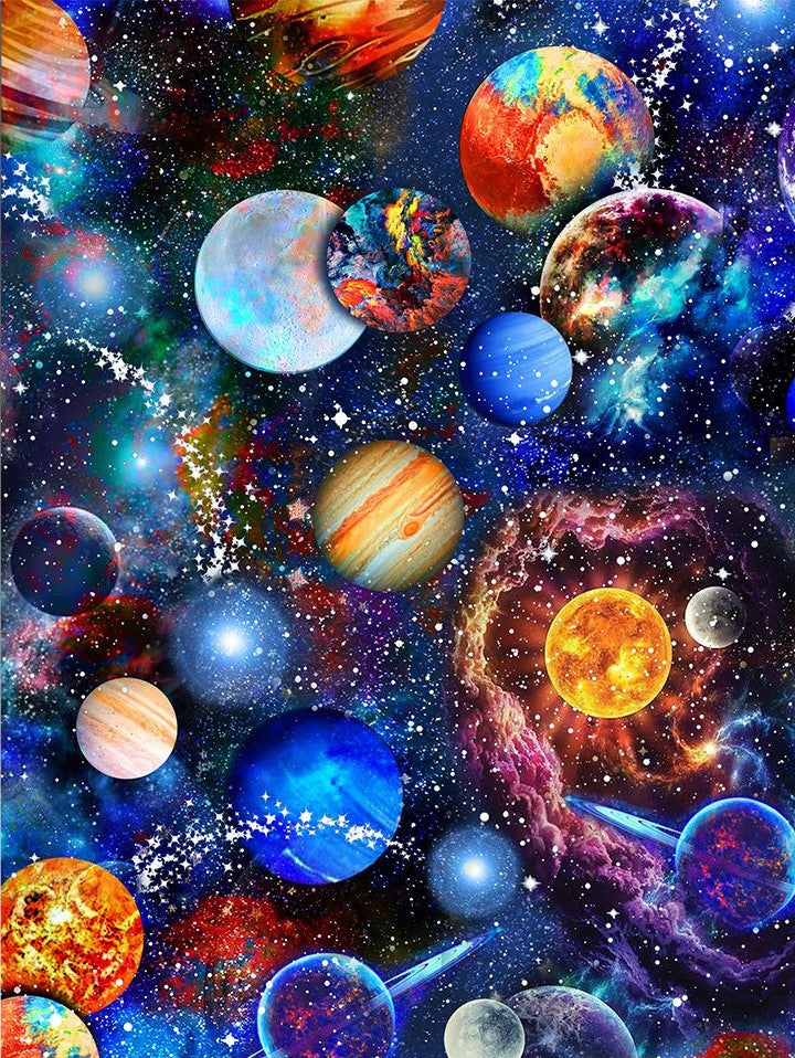 colorful all over tossed planets on black background