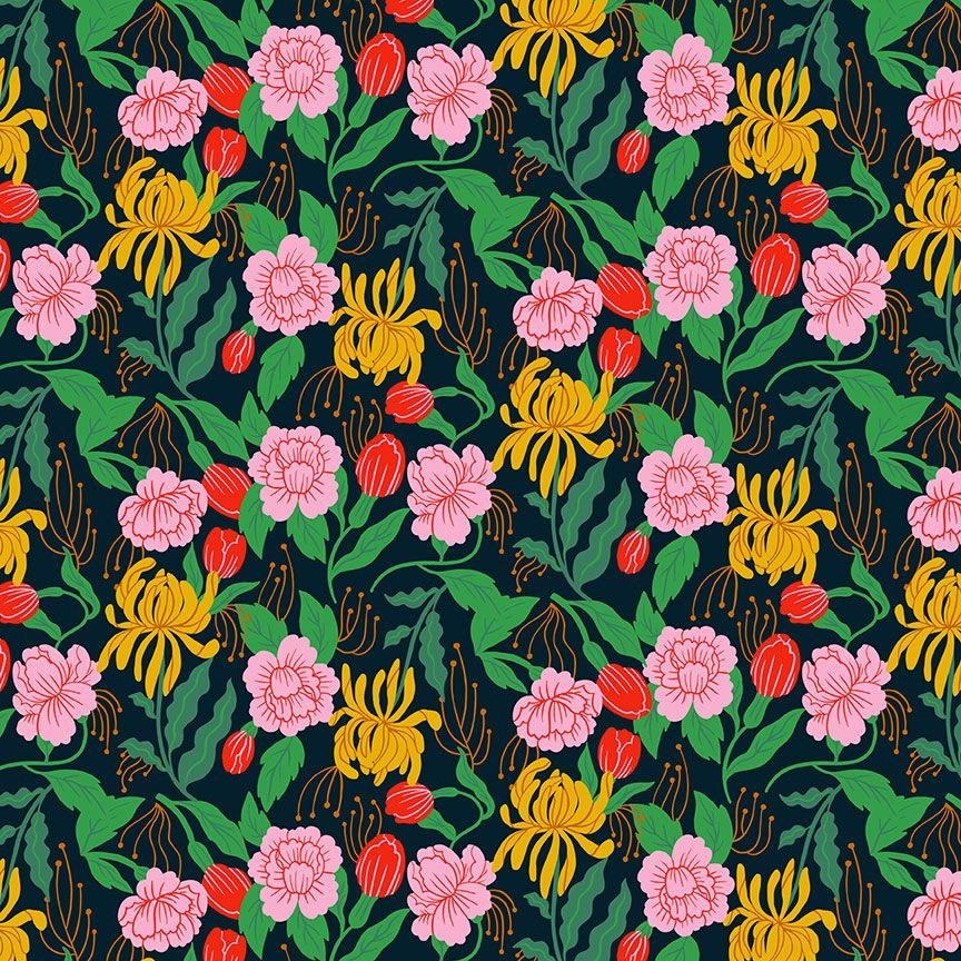 pink, red and mustard floral on black background