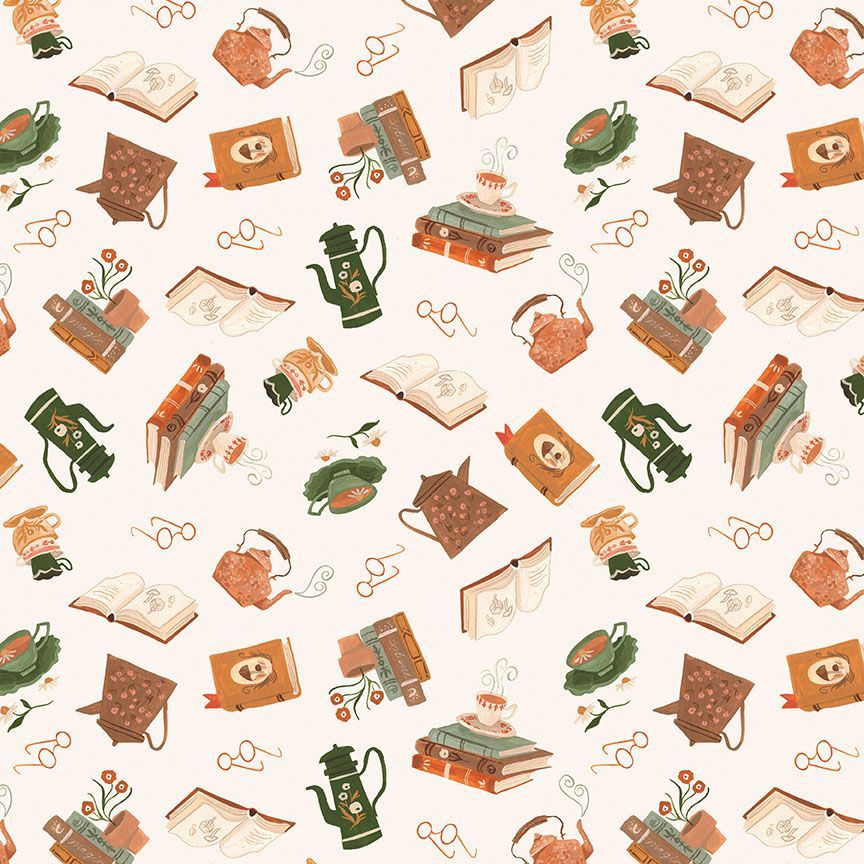books, tea pots and glasses on creme background