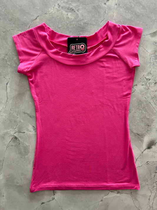 a flat lay of the front of our boat neck top in hot pink