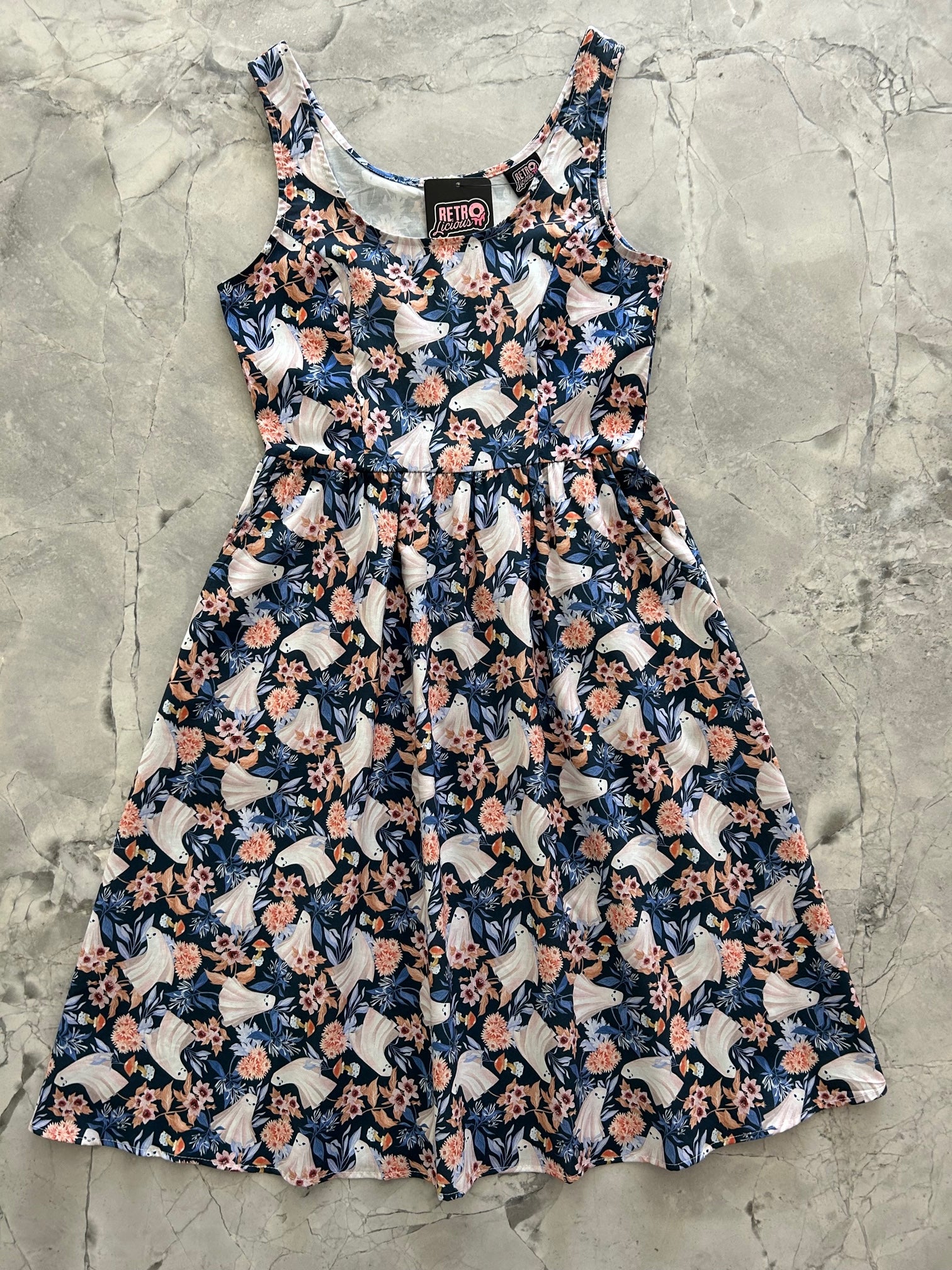 a flat lay of the front of the Ghosts Fit & Flare dress