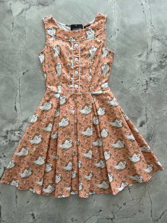 a flat lay of our Elizabeth Dress in Boo Ghosts