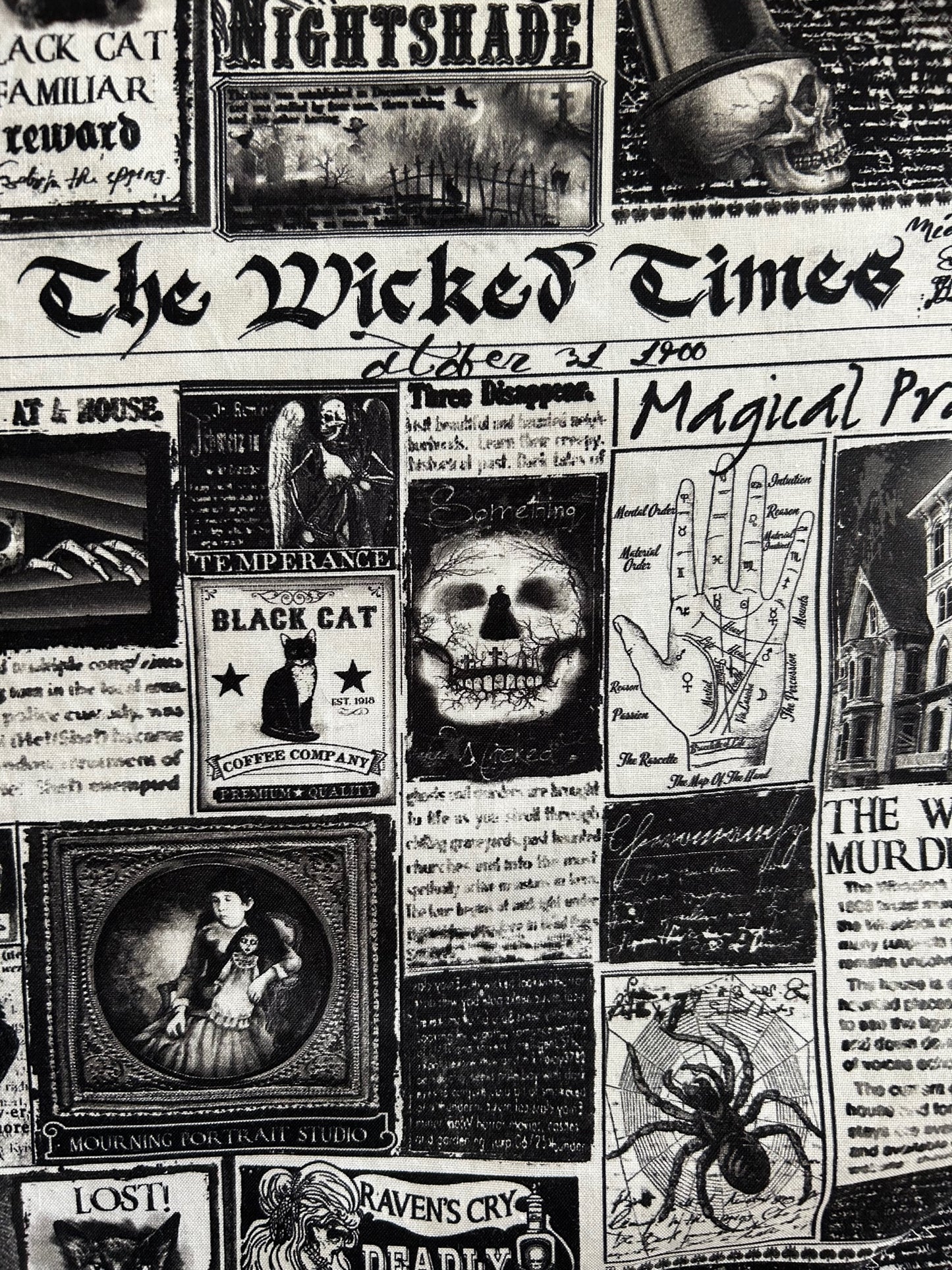 a close up swatch of the fabric print showing newspaper articles of the wicked times newspaper