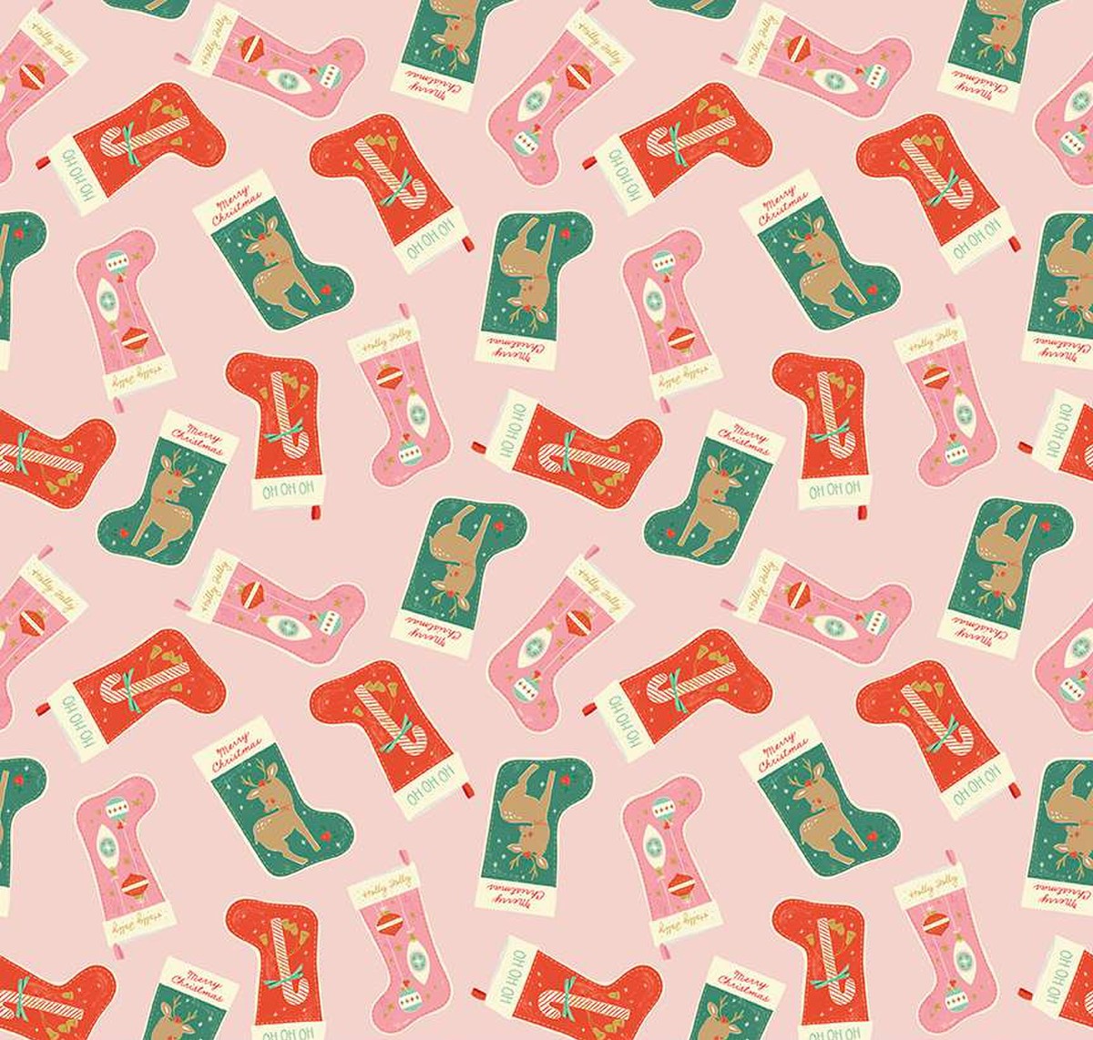 close up of fabric print showing red, green and pink stockings on a pink background