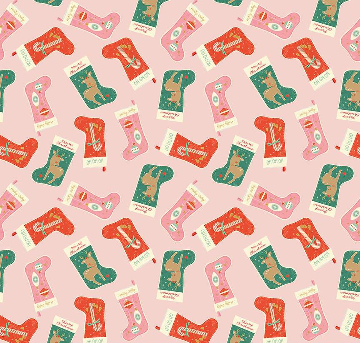 close up of fabric print showing red, green and pink stockings on a pink background