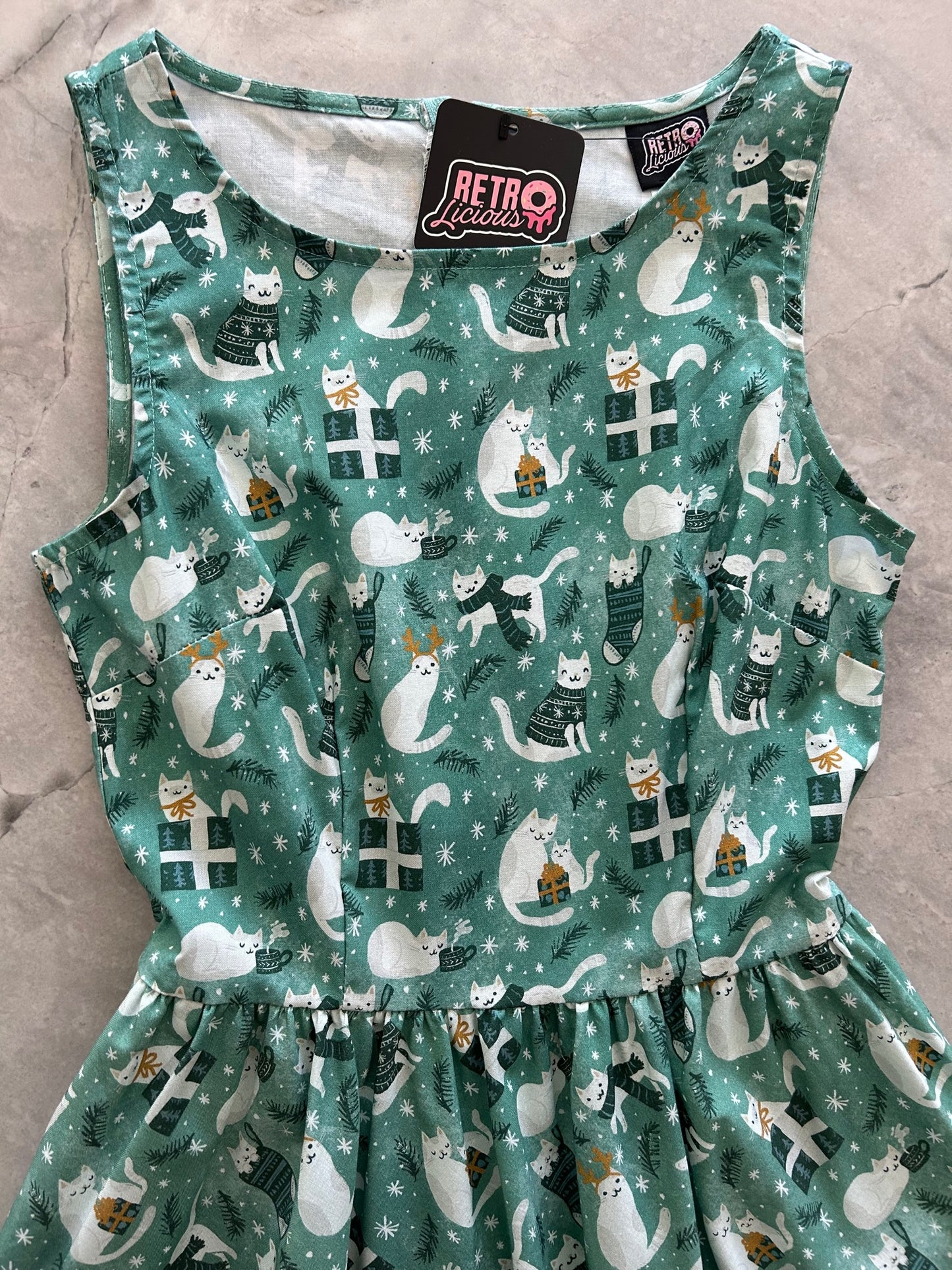 close up of the bodice of Holiday Cats Vintage Dress