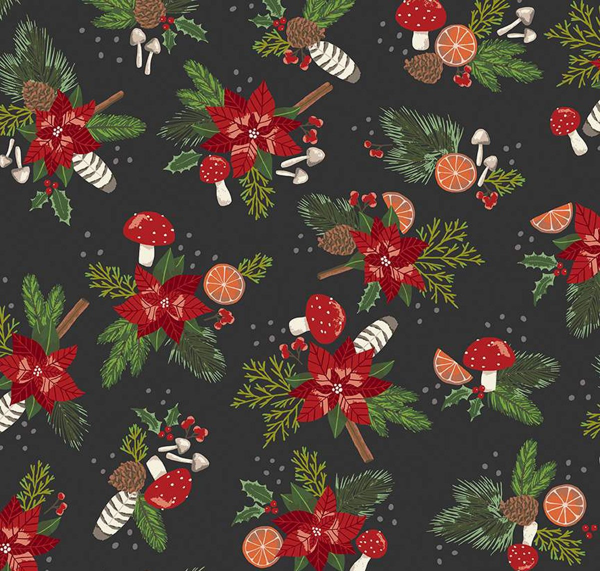 close up of the print showing tossed mushrooms poinsetias and orange slices