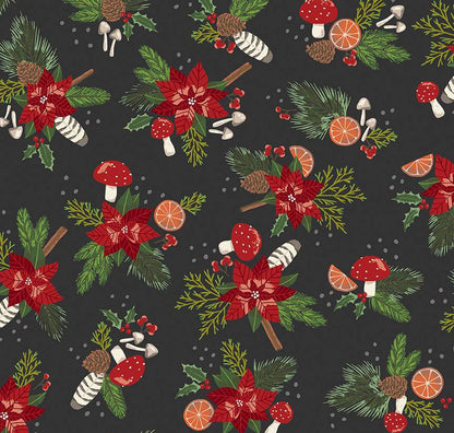 close up of the print showing tossed mushrooms poinsetias and orange slices