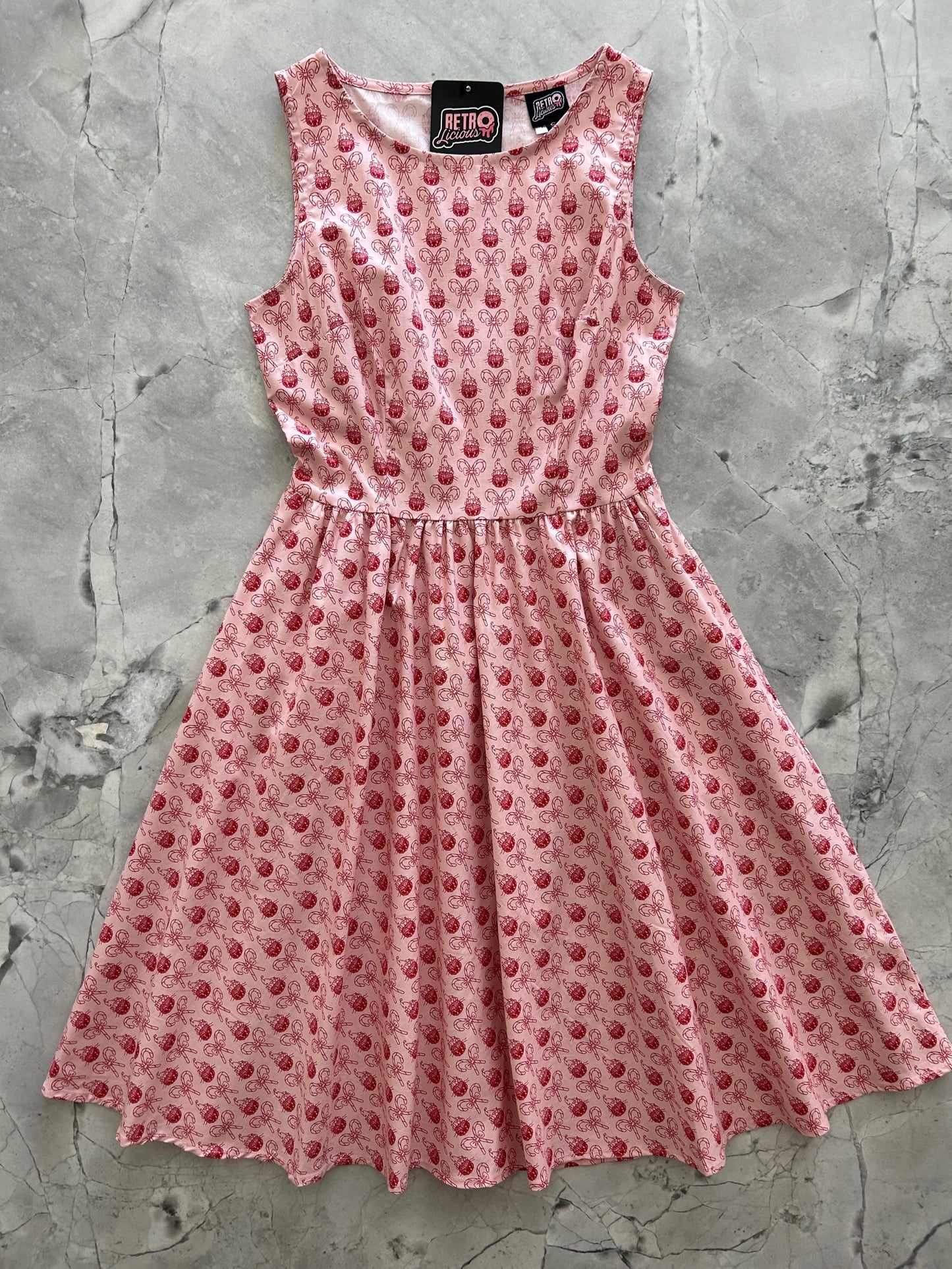 flat lay of the scaredy cat holiday vintage dress 