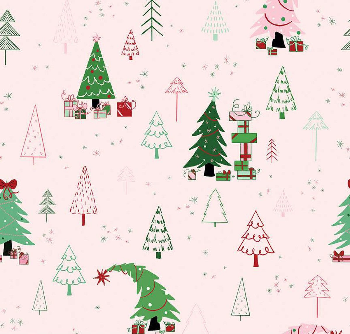 close up of the gifts skater skirt print showing the stacked gift boxes and chirstmas tress on pink background