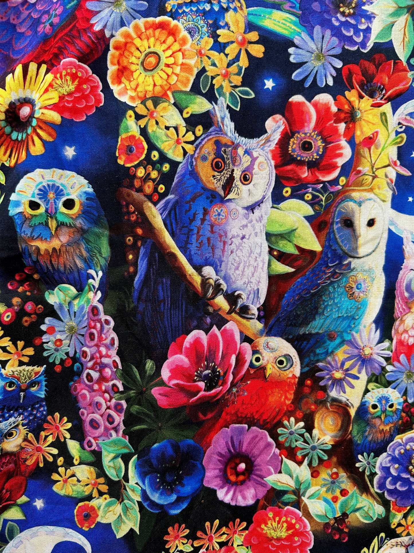 a close up of the fabric swatch showing the colorful owl print