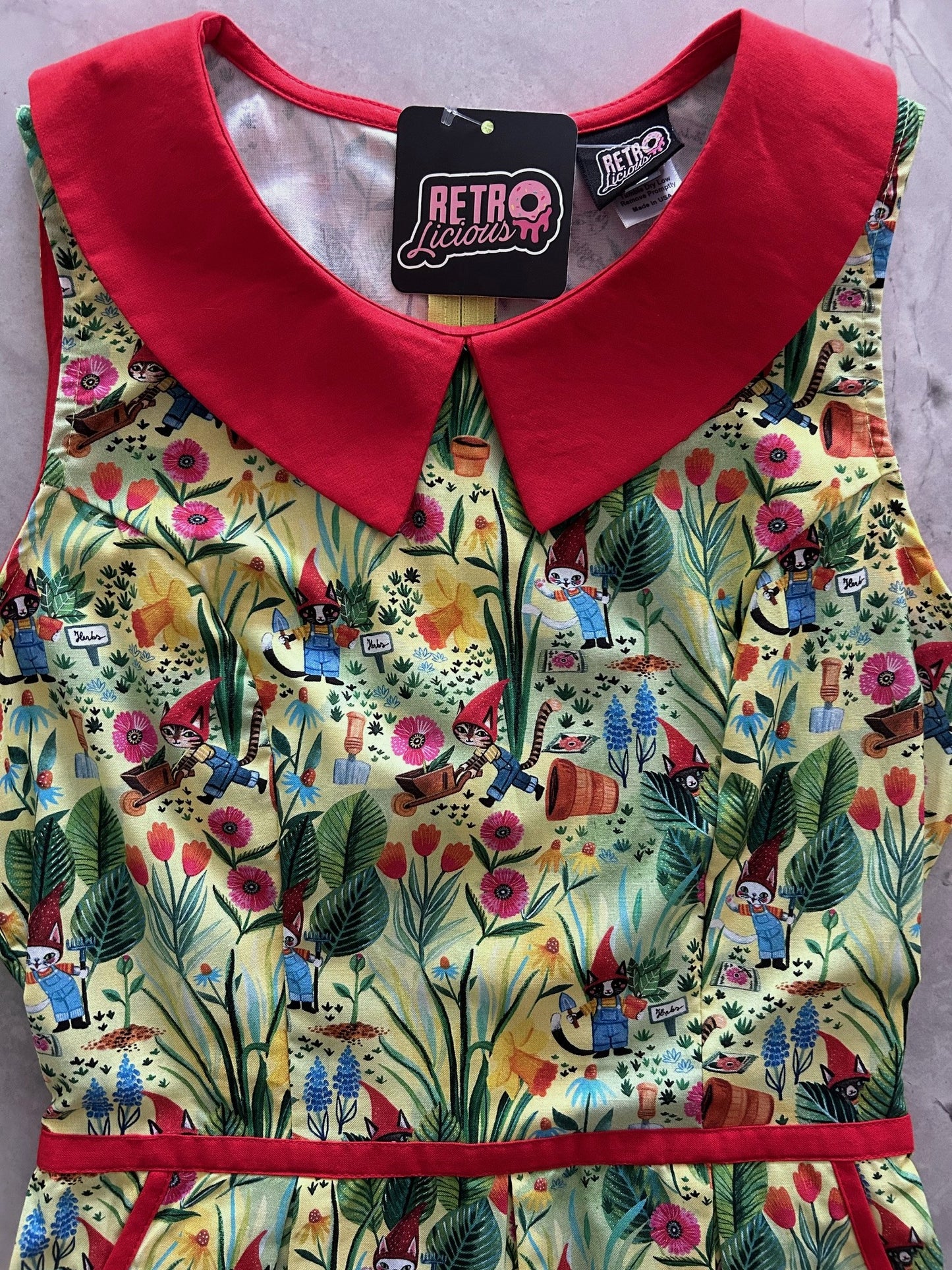 flat lay close up of bodice showing red peter pan collar