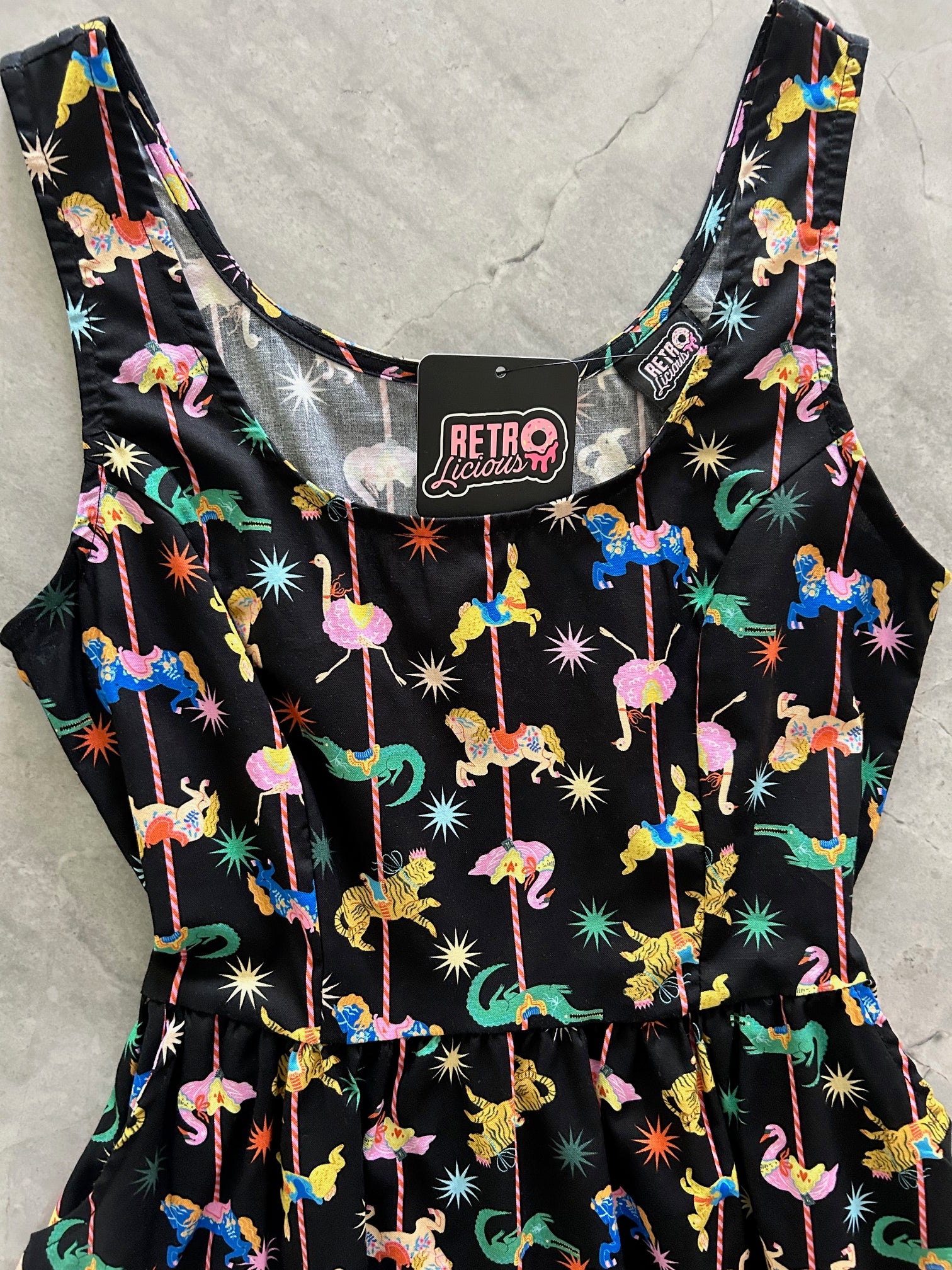 close up of bodice on carousel dress showing scoop neckline
