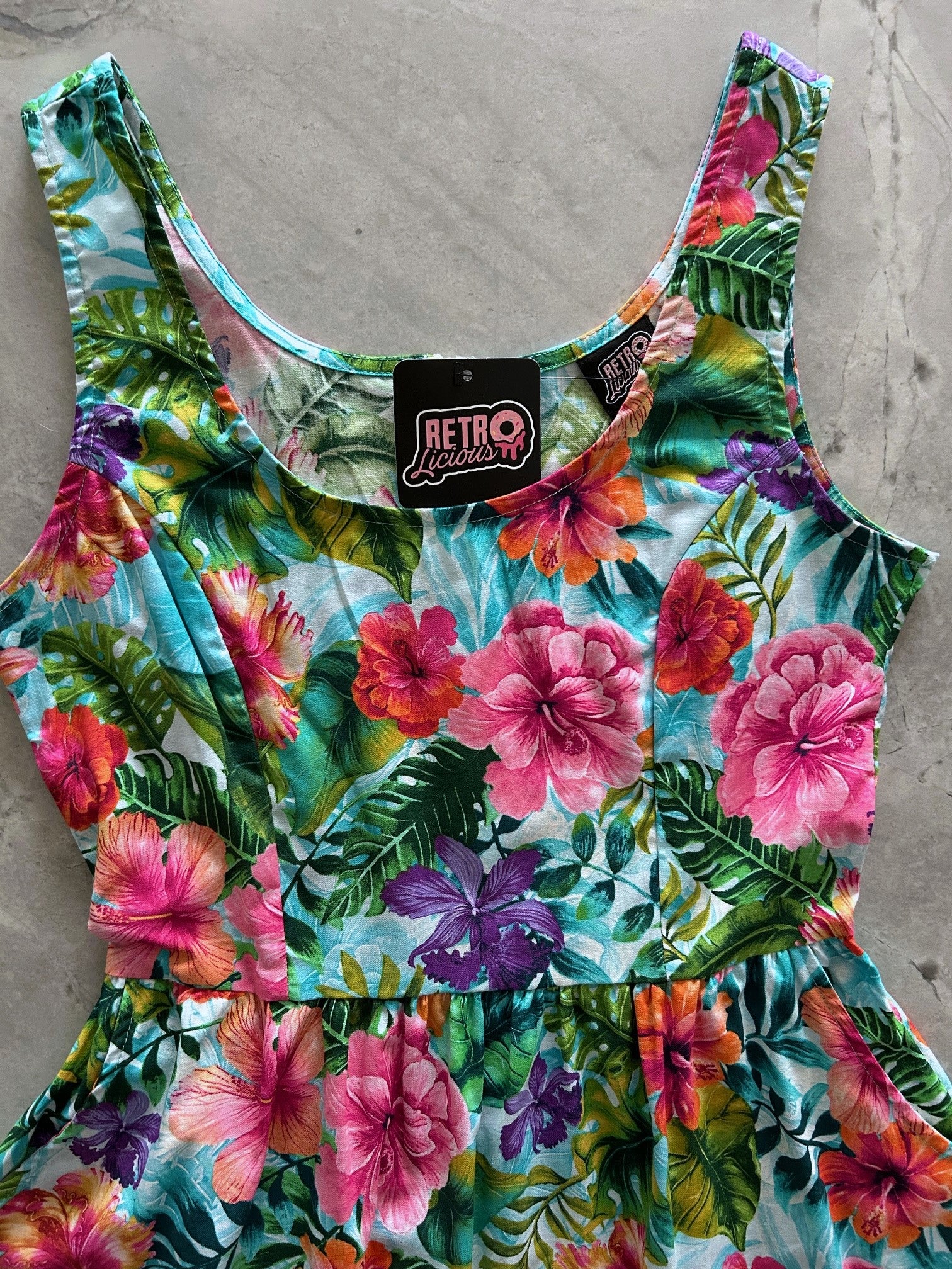 close up of the bodice of tropica fit and flare dress