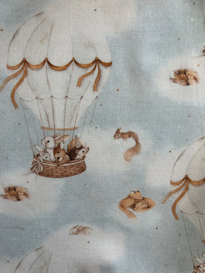 close up of fabric showing animals in hot air balloons and clouds