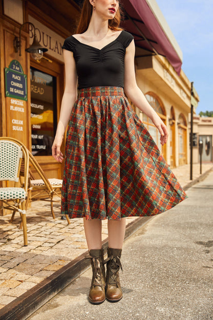 model wearing red plaid doris skirt 