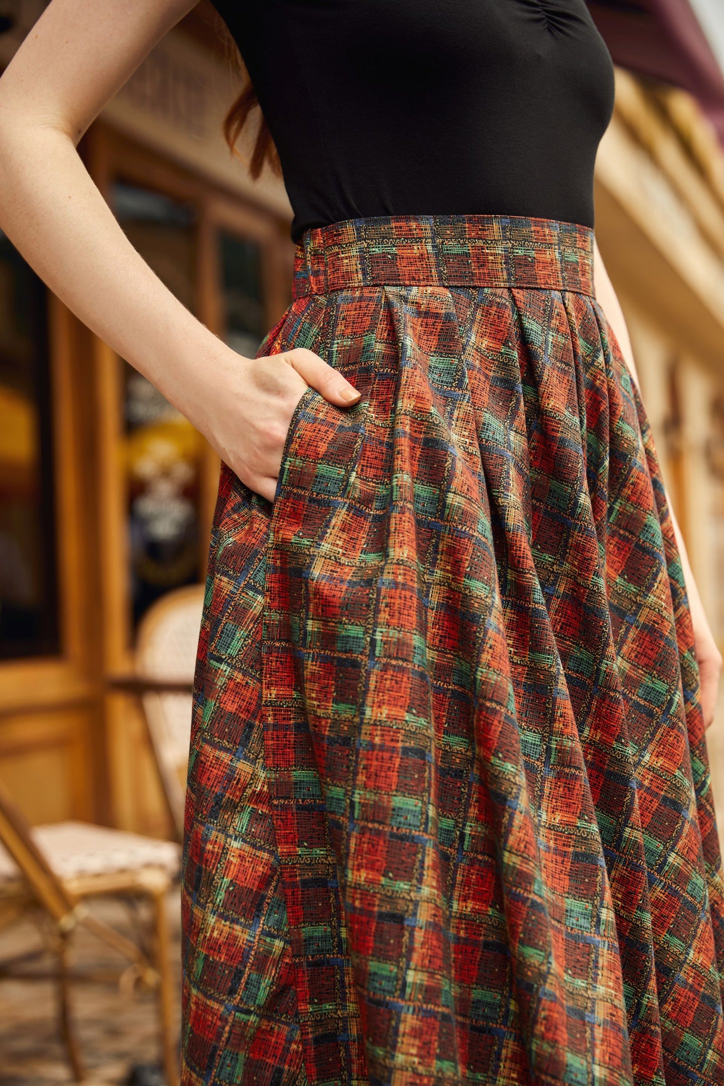 close up of skirt with model hand in pocket