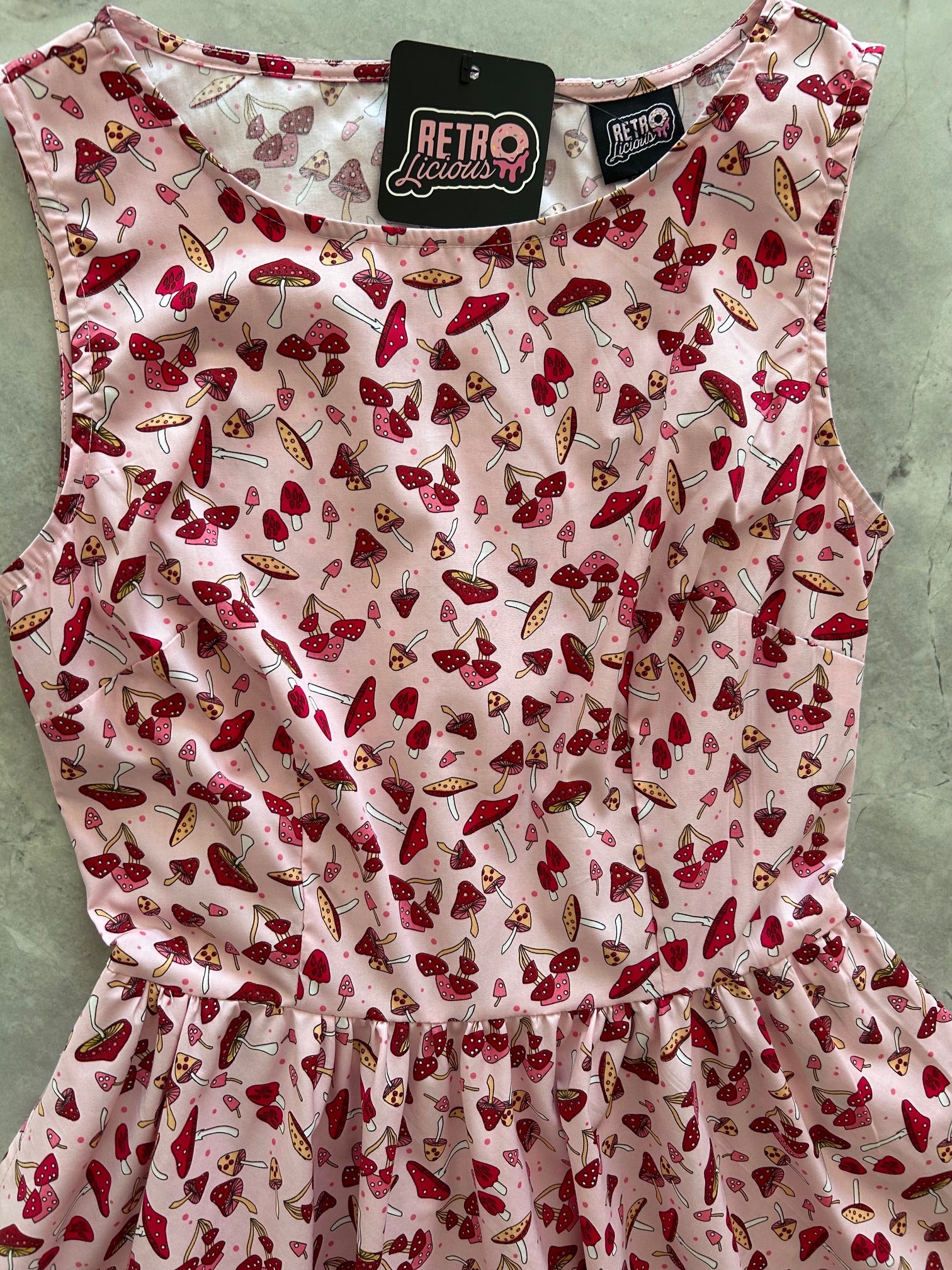 close up of toadstool vintage dress 