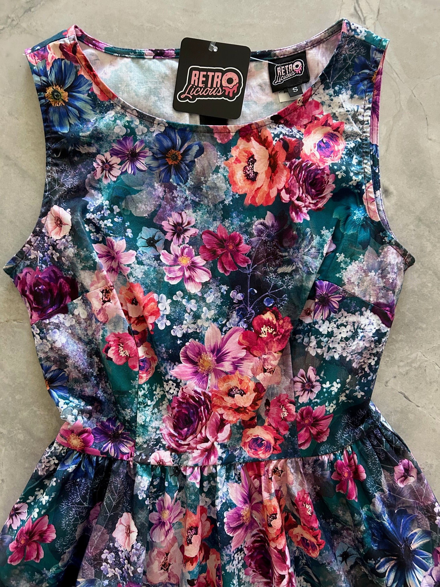 flatlay of the bodice moody floral vintage dress