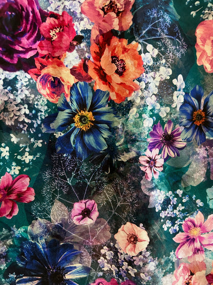 close up of the flatlay of moody floral vintage dress showing darker floral print