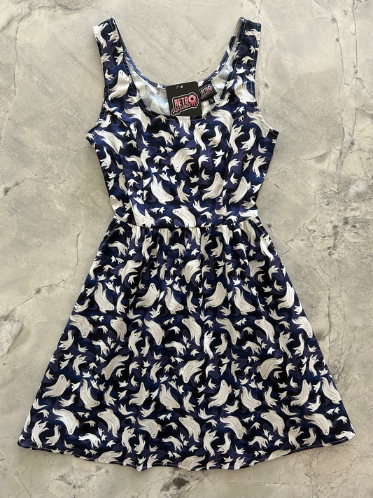 flatlay of ghosts shorter length fit and flare dress