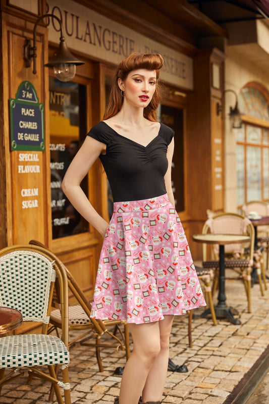 model wearing santa mugs skater skirt with black isabel top